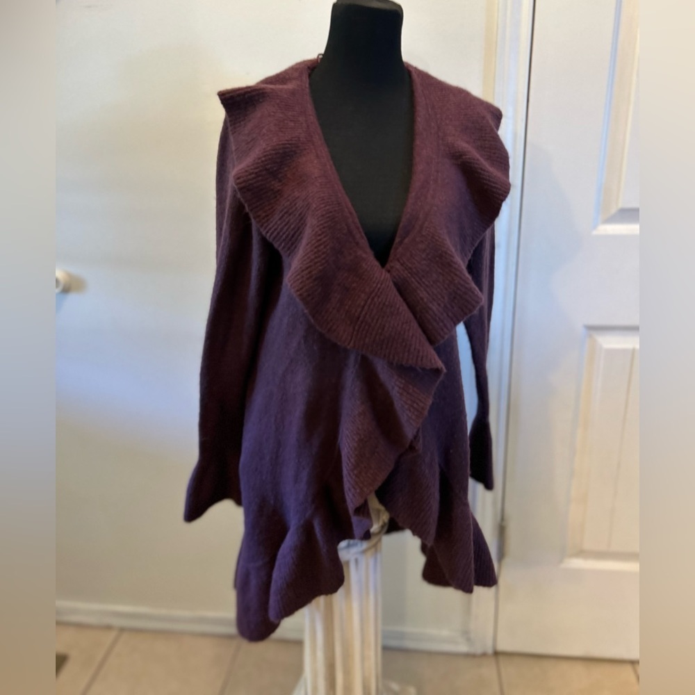 Style & Co Small purple Waterfall Ruffle Long Cardigan wool blend